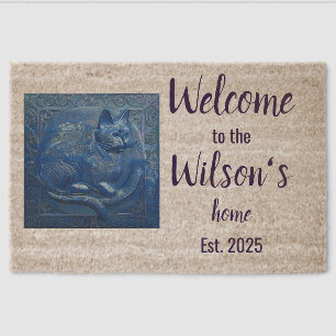Custom Art Nouveau cat Family Welcome Coir Mat