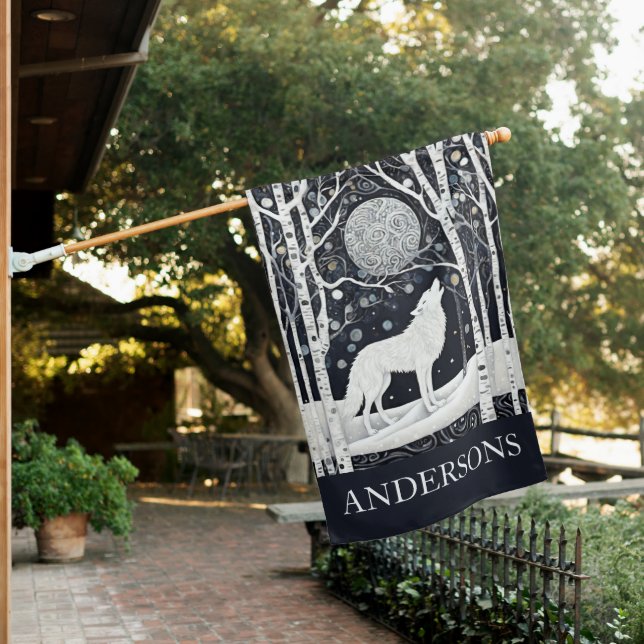 Custom Art Nouveau White Winter Fox Wolf House Flag (In SItu)