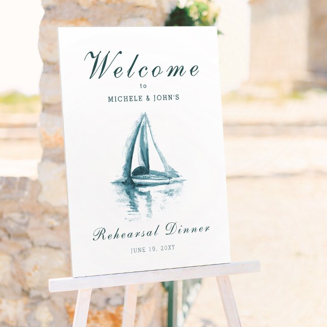 Custom Art Sailboat Blue Rehearsal Dinner Welcome Foam Board (Creator Uploaded)