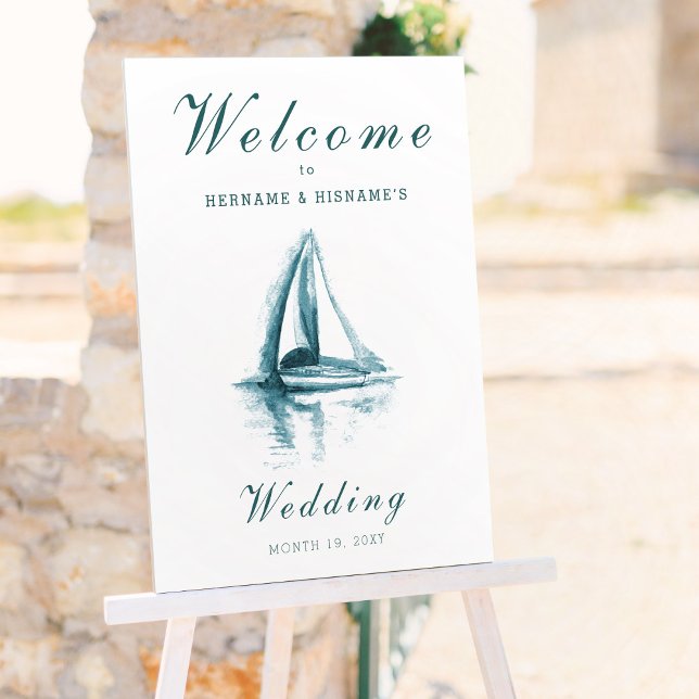 Custom Art Sailboat Blue Wedding Welcome Foam Board (Creator Uploaded)