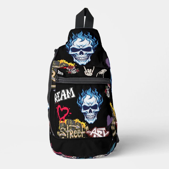 Custom artistic spooky skull streetart background sling bag (Front)