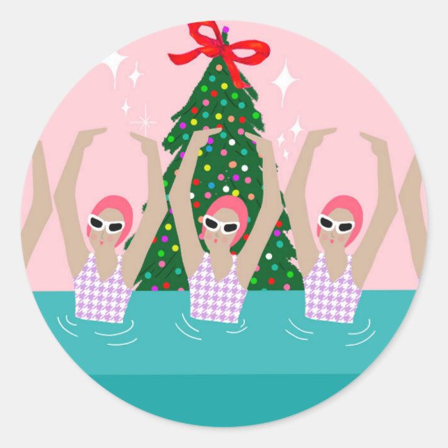 Custom Artistic Swimmers Illustration Christmas    Classic Round Sticker (Front)