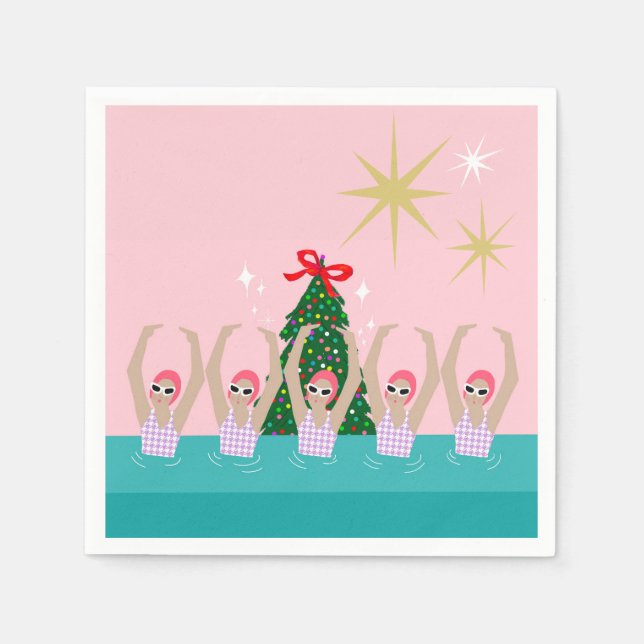 Custom Artistic Swimmers Illustration Christmas Napkins (Front)