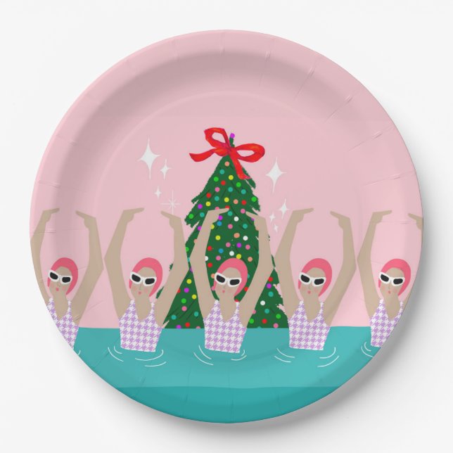 Custom Artistic Swimmers Illustration Christmas  Paper Plates (Front)