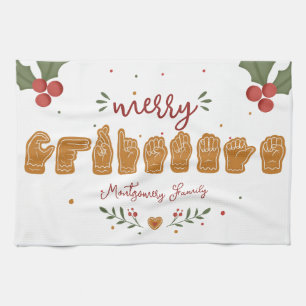 Custom ASL Merry Christmas Gingerbread Hands Kitchen Towel