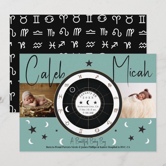 Custom Astrology Sun Moon Sign Birth Announcement (Front/Back)