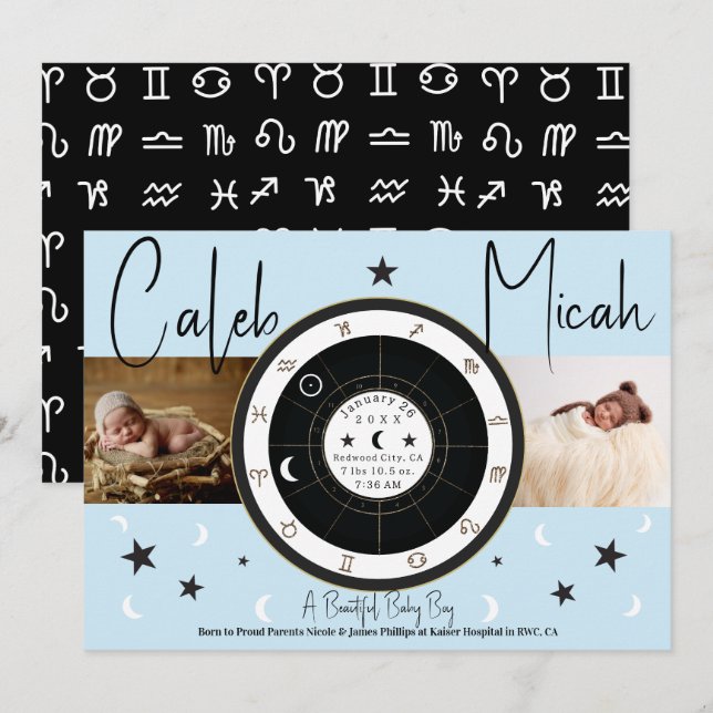 Custom Astrology Sun Moon Sign Birth Announcement (Front/Back)
