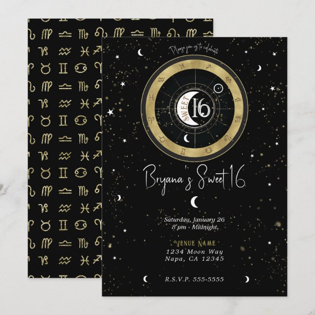 Custom Astrology Sun & Moon Sign Sweet 16    Invitation (Front/Back)