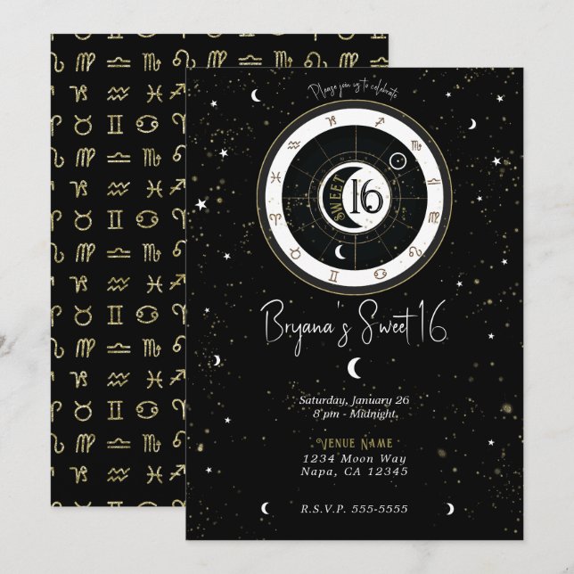Custom Astrology Sun & Moon Sign Sweet 16    Invitation (Front/Back)