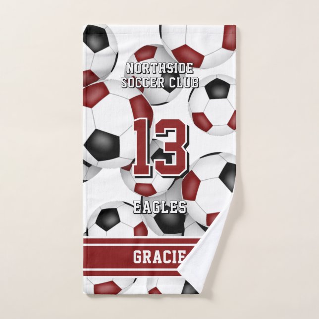 Custom athlete and team name soccer maroon  hand towel  (Hand Towel)