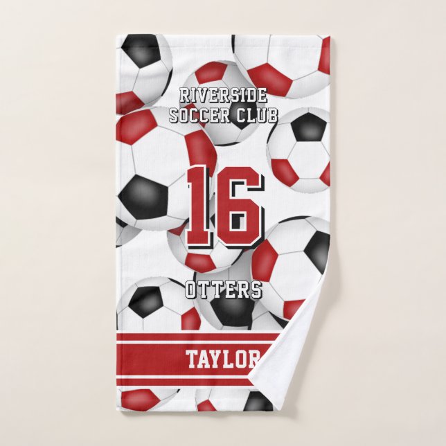 Custom athlete and team name soccer red  hand towel  (Hand Towel)