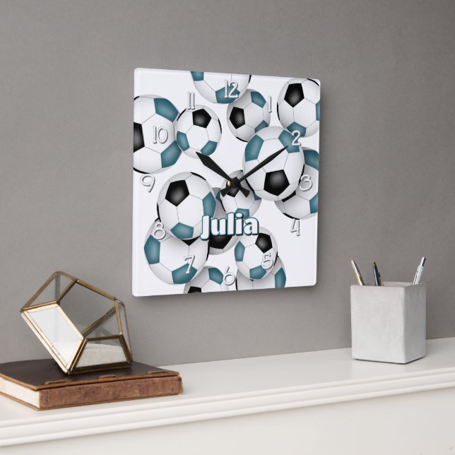 custom athlete name teal black soccer square wall clock (Office)
