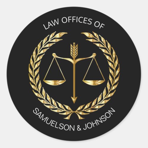 Custom Attorney Lawyer Scale of Justice Black Gold Classic Round Sticker