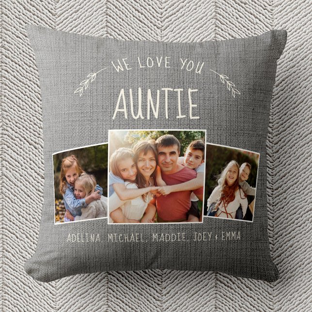 Custom Auntie Photo Collage Rustic Modern Grey Throw Pillow (Creator Uploaded)