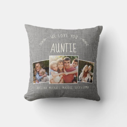 Custom Auntie Photo Collage Rustic Modern Grey Throw Pillow
