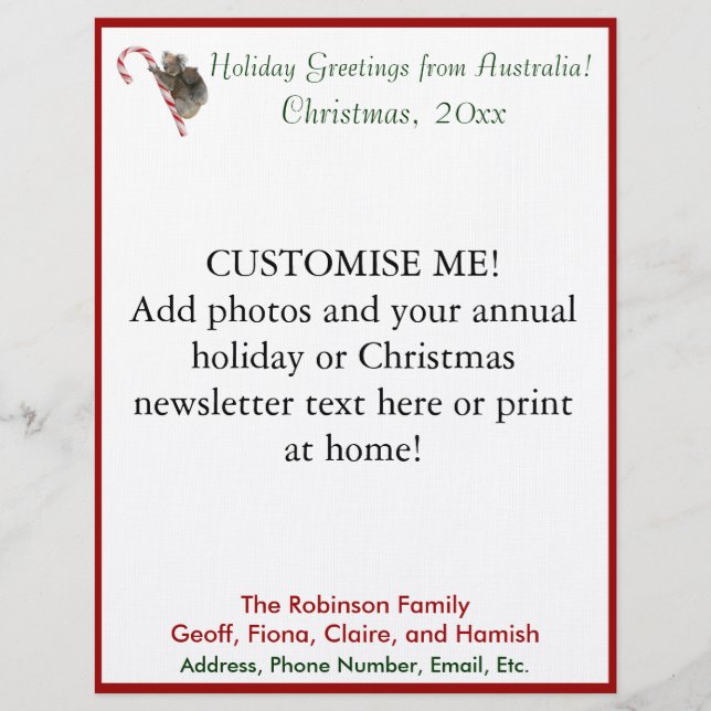 Custom Australia Christmas Newsletter Template Letterhead (Front)