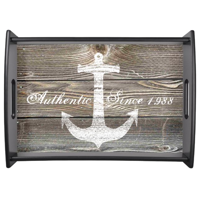 Custom "Authentic since" rustic Nautical Old Wood Serving Tray (Front)