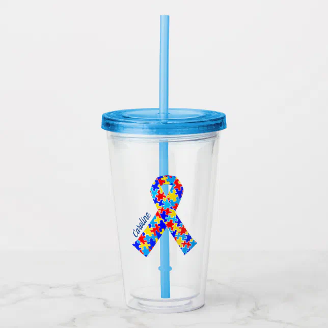 Custom Autism Awareness Ribbon Blue Puzzle Piece Acrylic Tumbler | Zazzle