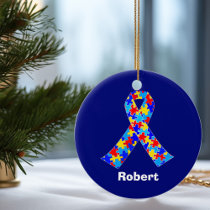 Custom Autism Awareness Ribbon Blue Puzzle Piece Ceramic Ornament
