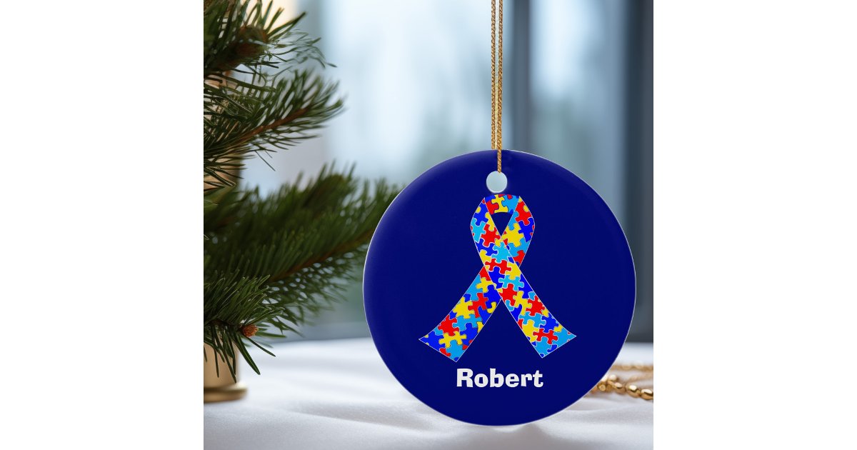 Custom Autism Awareness Ribbon Blue Puzzle Piece Ceramic Ornament | Zazzle