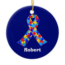 Custom Autism Awareness Ribbon Blue Puzzle Piece Ceramic Ornament