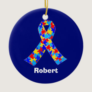 Custom Autism Awareness Ribbon Blue Puzzle Piece Ceramic Ornament