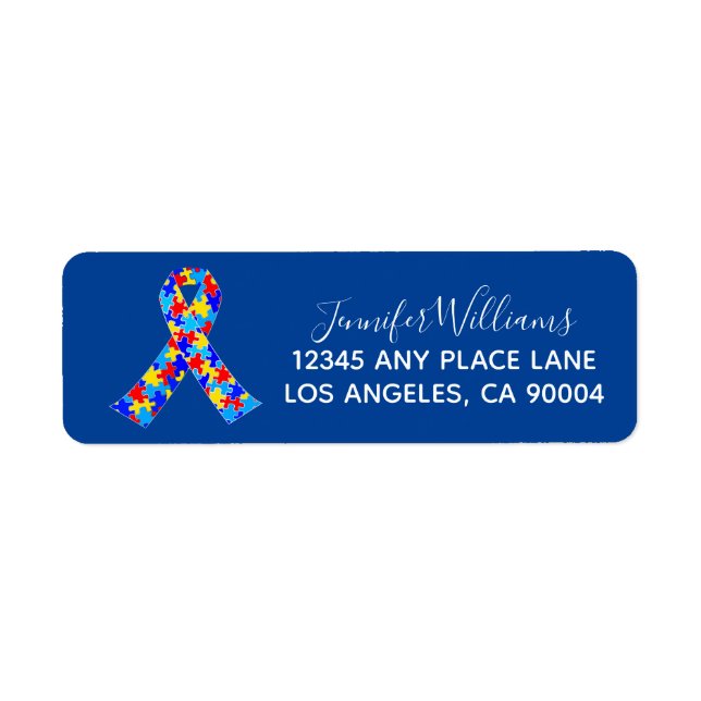 Custom Autism Awareness Ribbon Blue Return Address Label (Front)