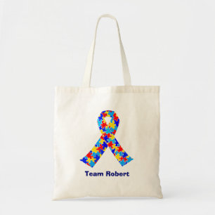 Custom Autism Awareness Ribbon Blue Team Name Tote Bag