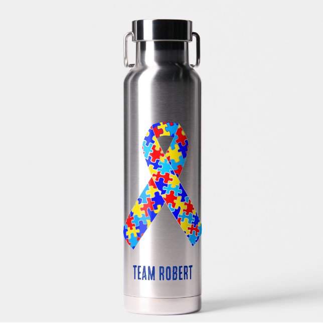 Custom Autism Awareness Ribbon Cute Personalized Water Bottle (Front)