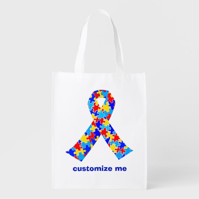 Custom Autism Awareness Ribbon Grocery Bag (Front)