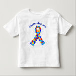 Custom Autism Awareness Ribbon Puzzle Piece Toddler T-shirt<br><div class="desc">Custom Autism awareness ribbon toddler t-shirts for a fundraising walk or party to raise awareness for autistic friends or family. A cool proud autism tee that can be personalized with any text below the puzzle piece ribbon of blue,  yellow,  and red.</div>