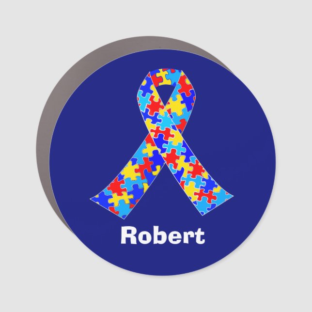 Custom Autism Awareness Ribbon Team Blue Car Magnet (Front)