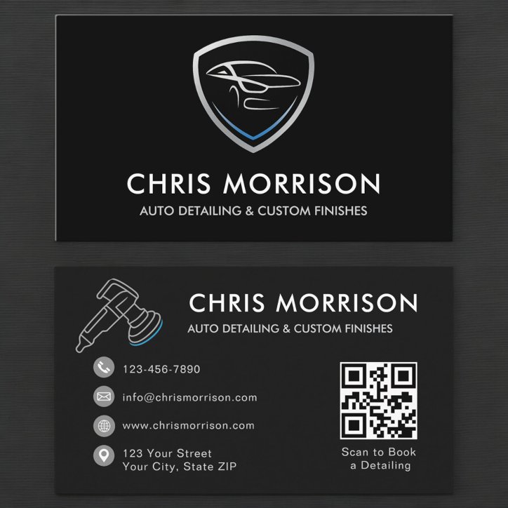 Custom Auto Detailing QR Code Service Shield Logo Business Card