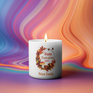 Custom Autumn Leave Happy Thanksgiving Pillar Candle