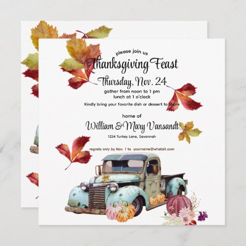 Custom Autumn Leaves Blue Truck Thanksgiving Holiday Card