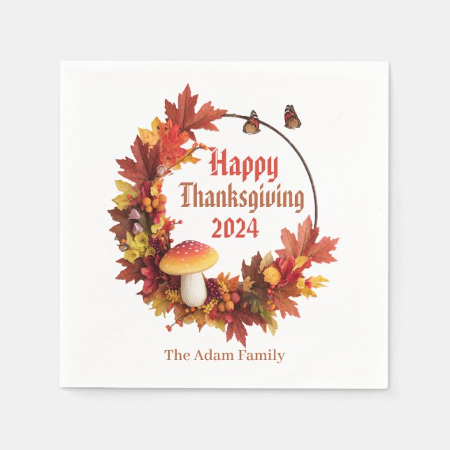 Custom Autumn Leaves Happy Thanksgiving Napkins (Front)