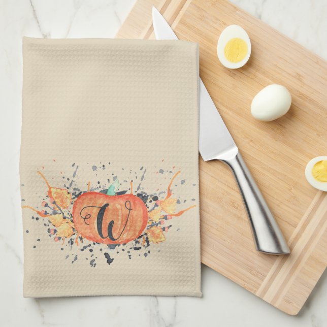 Custom Autumn Monogram Watercolor Pumpkin Kitchen Towel (Quarter Fold)