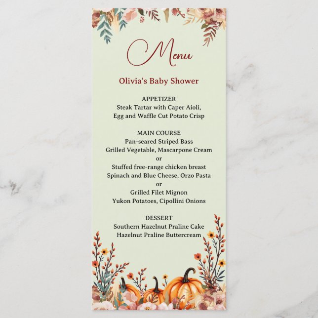 Custom Autumn Pumpkin Baby Shower Flat Menu (Front)