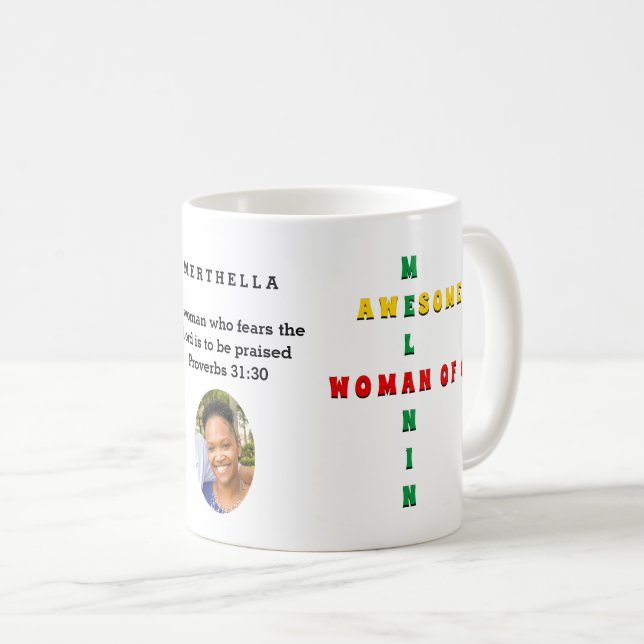 Custom Awesome Melanin WOMAN OF GOD Photo Coffee Mug (Front Right)