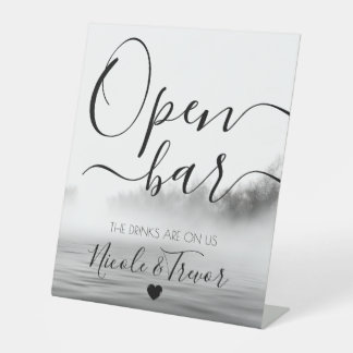 Custom B&W Lake Fog Calligraphy Wedding Open Bar Pedestal Sign