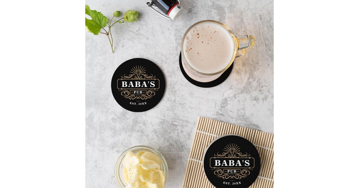 Custom Baba's Pub Home Bar Year Established Round Paper Coaster | Zazzle
