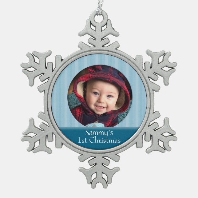 Custom Baby 1st Christmas Photo Snowflake Ornament (Front)