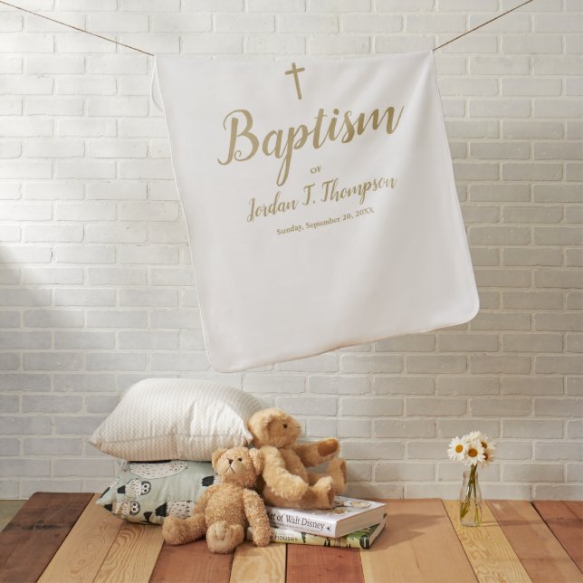 Custom Baby Baptism Bible Passage White Gold Cross Blanket (In Situ)