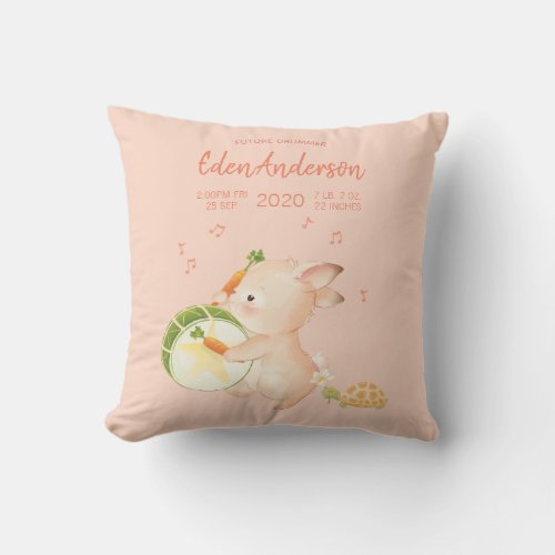 CustomBaby Birth Stat Bunny Drummer Music Parade Throw Pillow