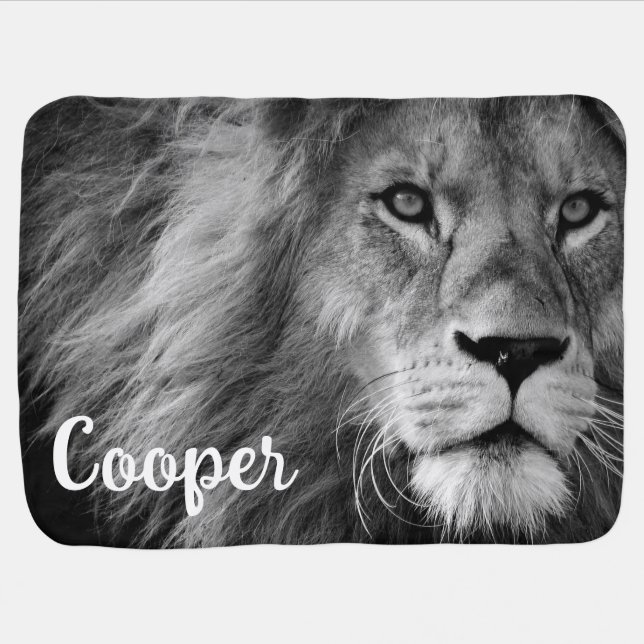 Custom Baby Boy Blanket B&W Lion Personalize Name (Horizontal)