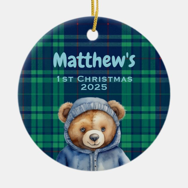 Custom Baby Boy First Christmas Ornament Bear (Front)