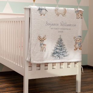 Custom Baby Boy My 1st Christmas Woodland Blanket