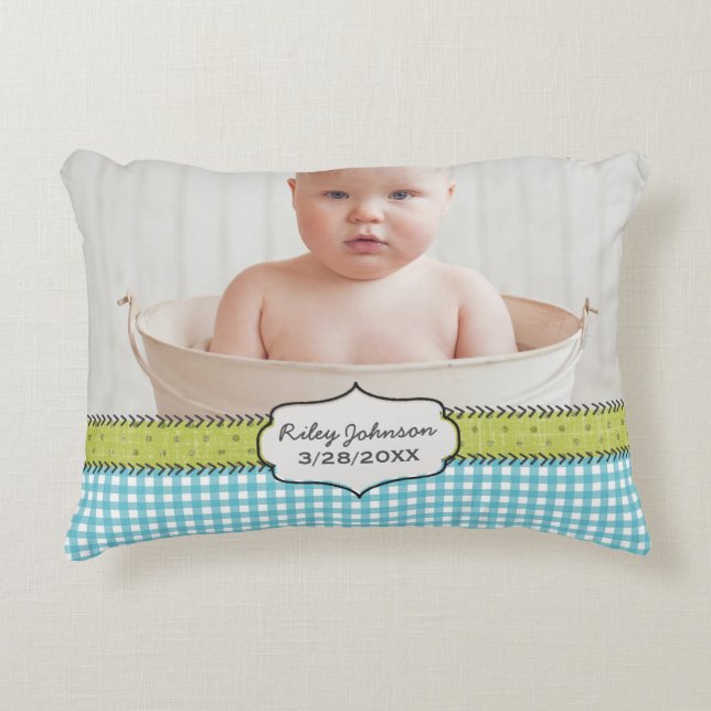 Custom baby boy photo name and birthday keepsake accent pillow (Front)