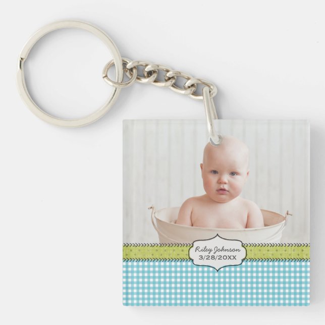 Custom baby boy photo name and birthday keepsake keychain (Front)