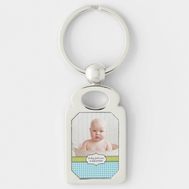 Custom baby boy photo name and birthday keepsake keychain (Front)
